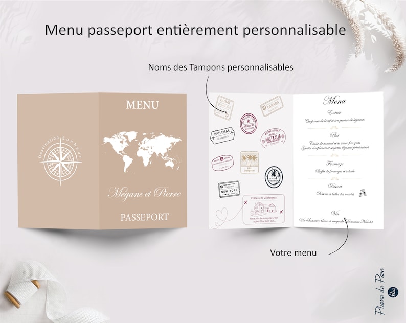 Menu de Mariage passeport thème Voyage Menu personnalisé, pliable 2 volets image 2