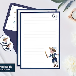 Kit de papel de escribir azul personalizado "Mosquetero" - Papelería para niños - Papel de escribir rayado - Regalo de Navidad, cumpleaños del niño