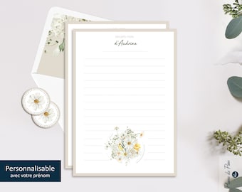 Gepersonaliseerde schrijfpapierset Boeket van madeliefjes - Briefpapierset, Gelinieerd schrijfpapier - Botanisch cadeau, Aquarel