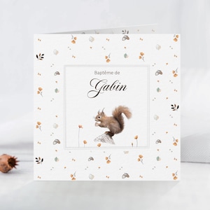 Faire-part de baptême Automne et Ecureuil - Carte d'invitation Baptême ou Communion avec photo, orné d'un joli gaufrage | Beige, marron