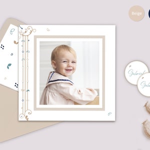 Faire-part de baptême illustré de petits motifs intemporels - Carte invitation double avec photo - Bleu marine ou beige "petit mousquetaire"