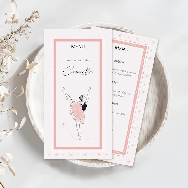 Soft pink "Arabesque" menu - Original menu for a gala show, birthday, communion or reception, double-sided illustrated with a dancer