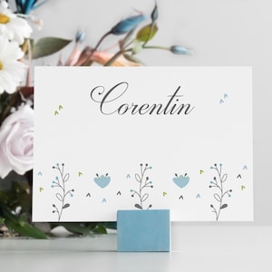 Marque-Place baptême "Envol de tendresse" | Feuilles, feuillage, bleu