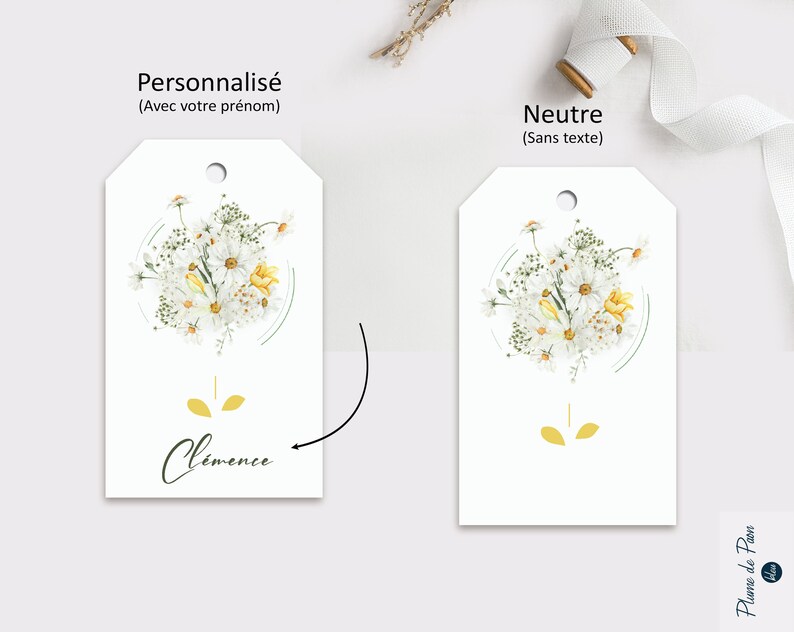 Lot : Etiquette bonne fête maman perforée et illustrée d'un bouquet de Marguerites Blanc et jaune clair Inscriptible image 2