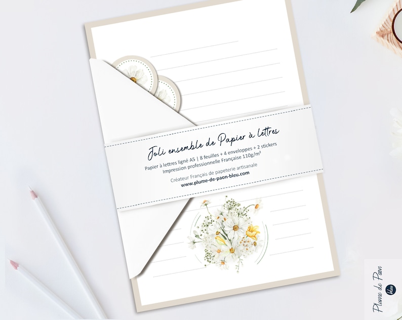 Kit Papier à lettres personnalisé bouquet de Marguerites Ensemble de Papeterie, Papier à lettres ligné Cadeau botanique, aquarelle image 4