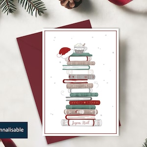 Carte "Pile de livres" de Noël | Carte postale personnalisable | Illustration originale d'une pile de livres, tasse et bonnet de Noël.