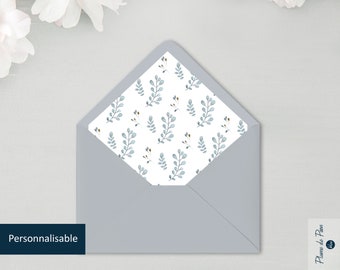 Doublure, intérieur d'enveloppe feuillage aquarelle personnalisable  | Illustration de petites feuilles  Collection "Hibou blanc"