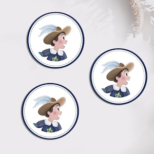 Autocollant, Sticker mousquetaire, personnage pour enfant | Bleu, rond  40 mm | Déco, dos d'enveloppe, cadeau ou scrapbooking