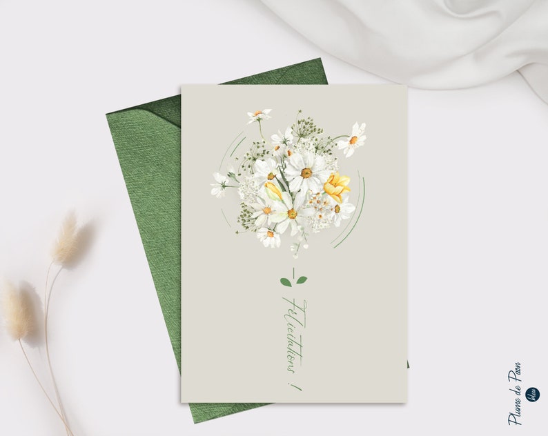 Carte de Félicitations illustrée d'un joli bouquet de Marguerites, fleurs blanches et jaunes - Félicitations de mariage, diplôme ou autre image 1