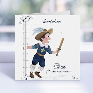 Carte d'invitation d'anniversaire d'enfant "petit Mousquetaire" | Carte fête deguisée anniversaire enfant |  Bleu & blanc