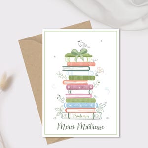 Carte merci maîtresse illustrée d'une "Pile de livres de Printemps" | Carte postale personnalisable | Illustration originale pour dire merci