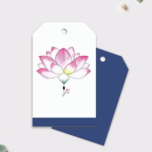 Lot : Etiquette fleur de lotus | Etiquette cadeau perforée | Rose et bleu marine | Inscriptible