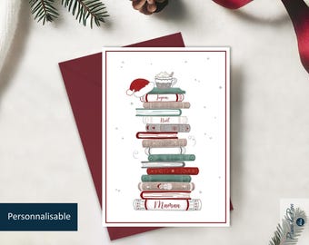 Carte Joyeux Noël Maman | Carte aquarelle illustrée d'une "Pile de livres" personnalisable | Illustration originale pour Maman, mère.