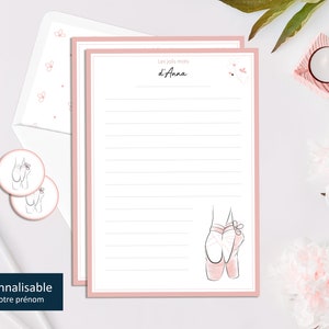 Kit carta da lettere danza, ballerina personalizzata "Arabesque" - Cancelleria per bambini - Carta da lettere a righe - Regalo compleanno ragazza