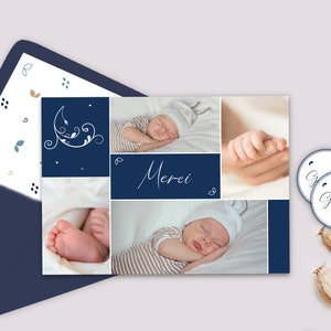 Carte de Remerciement bleu marine avec photos - Carte merci "Petit mousquetaire" baptême ou anniversaire.