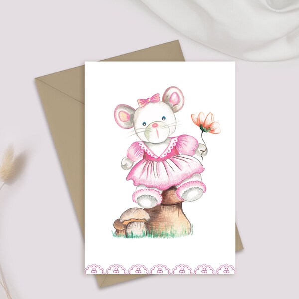 Carte postale "Madame Souris" - Carte d'invitation ou d'anniversaire enfant fille - Illustration d'une petite Souris qui offre une fleur