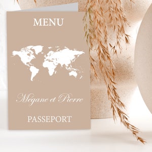 Menu de Mariage passeport thème "Voyage"  | Menu personnalisé, pliable 2 volets