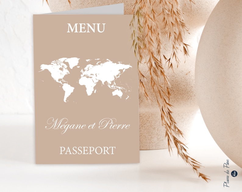 Menu de Mariage passeport thème Voyage Menu personnalisé, pliable 2 volets image 1