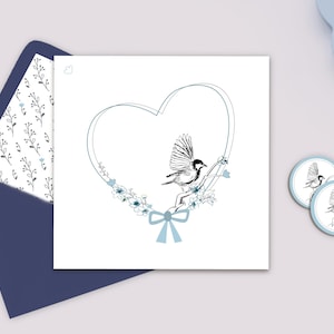 Faire-part de baptême ou naissance garçon "Envol de tendresse" | Carte carrée double avec photos | Bleu, Oiseau & Coeur
