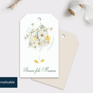 Lot : Etiquette bonne fête maman perforée et illustrée d'un bouquet de Marguerites Blanc et jaune clair Inscriptible image 1