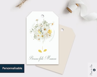 Lot : Etiquette bonne fête maman perforée et illustrée d'un bouquet de Marguerites | Blanc et jaune clair | Inscriptible