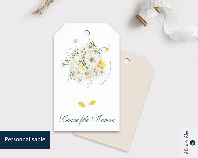 Lot : Etiquette bonne fête maman perforée et illustrée d'un bouquet de Marguerites Blanc et jaune clair Inscriptible image 1