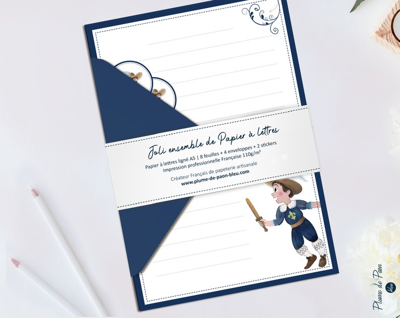 Kit de Papier à lettres personnalisé bleu Mousquetaire Papeterie pour enfant Papier à lettres ligné Cadeau anniversaire garçon image 4