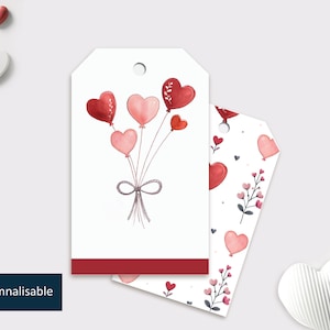Lot : Etiquette perforée illustrée d'un bouquet de coeurs Aquarelle | Etiquette Saint Valentin Double face, Personnalisable | Inscriptible
