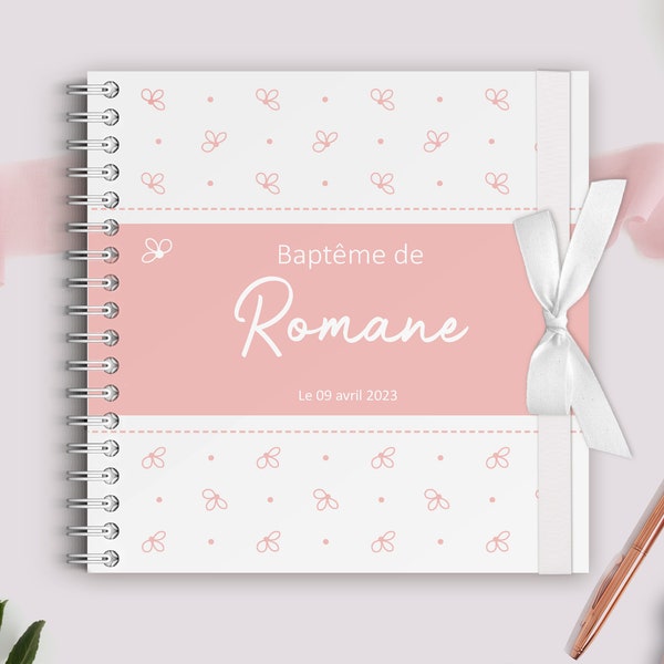 Livre d'or personnalisé pour baptême fille | Livre d'or avec des petites fleurs | Livre d'or baptême ou communion Rose tendre