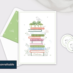 Carte "Pile de livres de Printemps" | Carte postale personnalisable | Illustration originale | Lecture, lecteur.