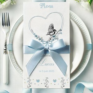 Menu Baptême coeur et oiseau | Menu de baptême originale, blanc, bleu