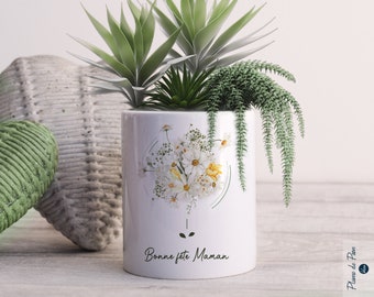 Cache-Pot personnalisé bonne fête maman illustré d'un "Bouquet de Marguerites" | Cadeau original personnalisable pour la fête des mamans