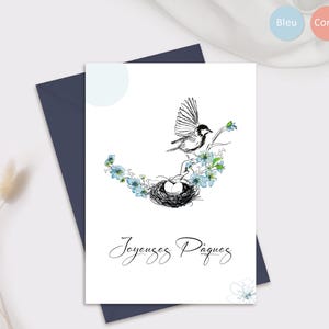 Klantgerichte kaart "Happy Easter" of andere tekst | Vogel- en nestillustratie | Blauw of koraal | Vlucht van tederheid