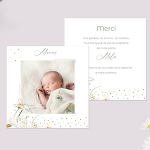 Carte de remerciement Naissance, Baptême ou Communion fille | Collection Bouquet de Marguerites | Carte originale merci avec fleurs & photo