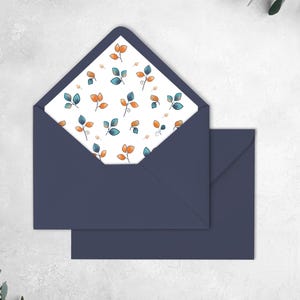 Doublure, intérieur d'enveloppe féérique personnalisable | Petites feuilles oranges et bleues | Collection "Champignon féérique"