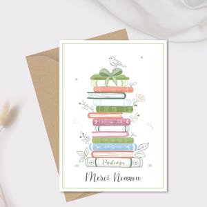 Carte merci Nounou illustrée d'une "Pile de livres de Printemps" | Carte postale personnalisable, nounou, atsem, nourrice