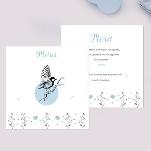 Carte de remerciement Naissance, Baptême, ou Communion garçon "Envol de Tendresse" - Carte merci illustrée d'un oiseau + photo, colori bleu