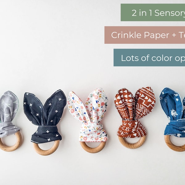 Bunny Crinkle Paper Teether | Sensory Baby Toys, Wooden Teether, Baby Shower Gift, Gender Neutral, Sensory Toy, Montessori Baby, Baby Paper