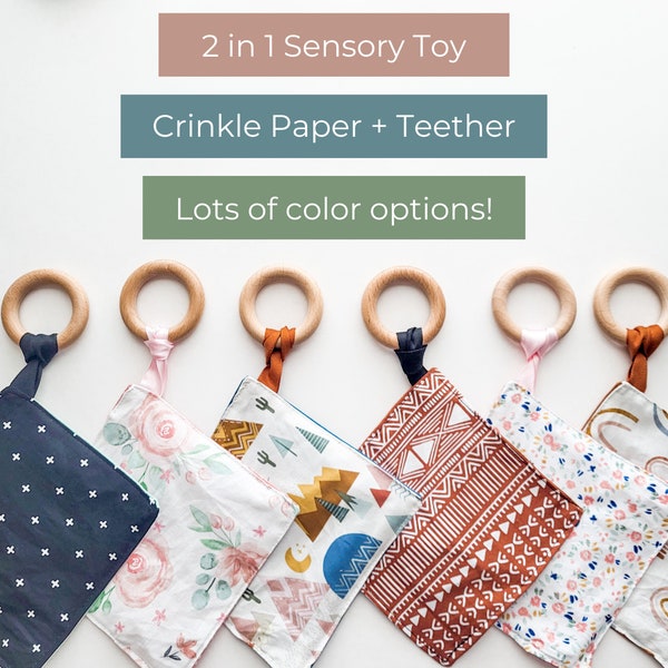 Baby Crinkle Paper Teether | Sensory Baby Toys, Wooden Teether, Baby Shower Gift, Gender Neutral, Sensory Toy, Montessori Baby, Crinkle