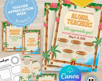 Tropical Teacher Appreciation Week Printable Bundle, Editable Canva Template, Flyers, Signs, Cards, Gift Tags, Instant Download