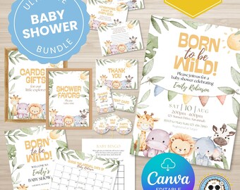 Safari Baby Shower Printable Bundle, Editable Baby Shower Invitation, Signs, Games, Cards, Favor Tags, Canva Template, Instant Download