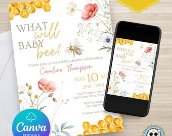 Honey Bee Baby Shower Printable Invitation, Editable Baby Shower Invite, Canva Template, Instant Download, Digital Download