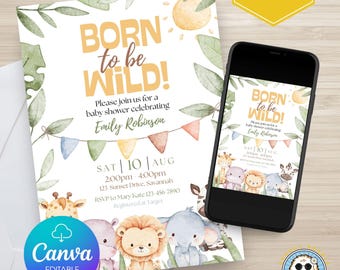 Safari Baby Shower Printable Invitation, Editable Baby Shower Invite, Canva Template, Instant Download, Digital Download