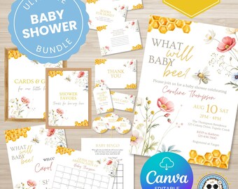 Honey Bee Baby Shower Printable Bundle, Editable Baby Shower Invite, Signs, Games, Cards, Favor Tags, Canva Template, Instant Download