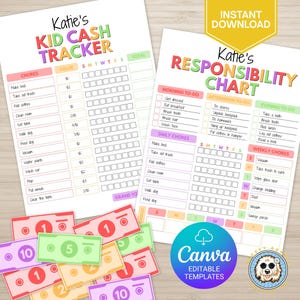 May include: Two printable charts titled "Kid Cash Tracker" and "Responsibility Chart" with chore lists and spaces for tracking. Colorful play money is scattered below. The charts are designed for kids.