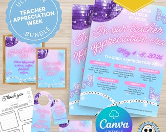 In My Teacher Era Teacher Appreciation Week Printable Bundle, Editable Canva Template, Flyers, Signs, Cards, Gift Tags, Instant Download
