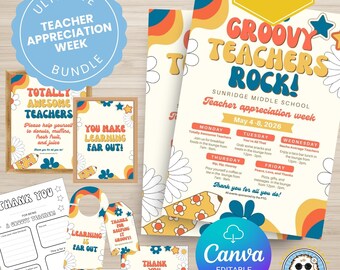 Retro Teacher Appreciation Week Printable Bundle, Editable Canva Template, Flyers, Signs, Cards, Gift Tags, PTO, PTA, Instant Download