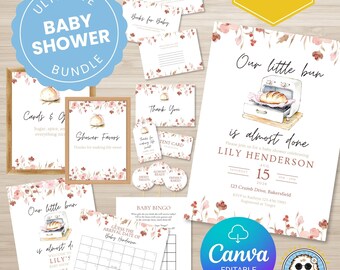Bun in the Oven Baby Shower Printable Bundle, Editable Baby Shower Invite, Signs, Games, Cards, Favor Tags, Canva Template, Instant Download