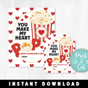Valentine&#39;s Day Popcorn Tags, Valentine&#39;s Day Printable Tag, Printable Popcorn Tag, Valentine&#39;s Day Instant Download, School Treat Tags