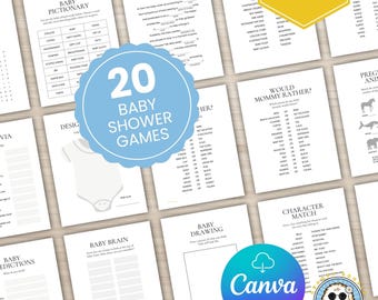 Baby Shower Printable Games Bundle, Editable Canva Template, Minimalist, Gender Neutral, Bingo, Pictionary, Word Search, Instant Download